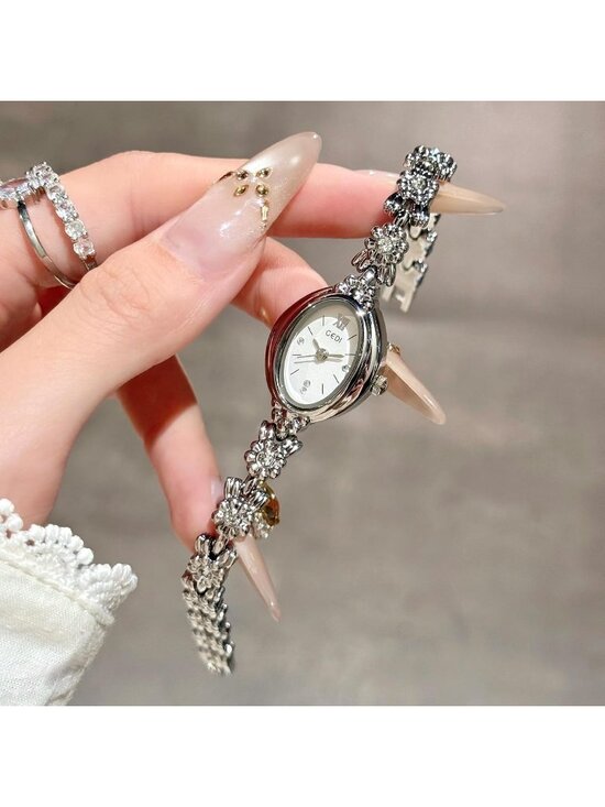Women\'s Silver White Vintage Bracelet Elegant Jade Oval Dial Quartz Wrist Watch main image 4